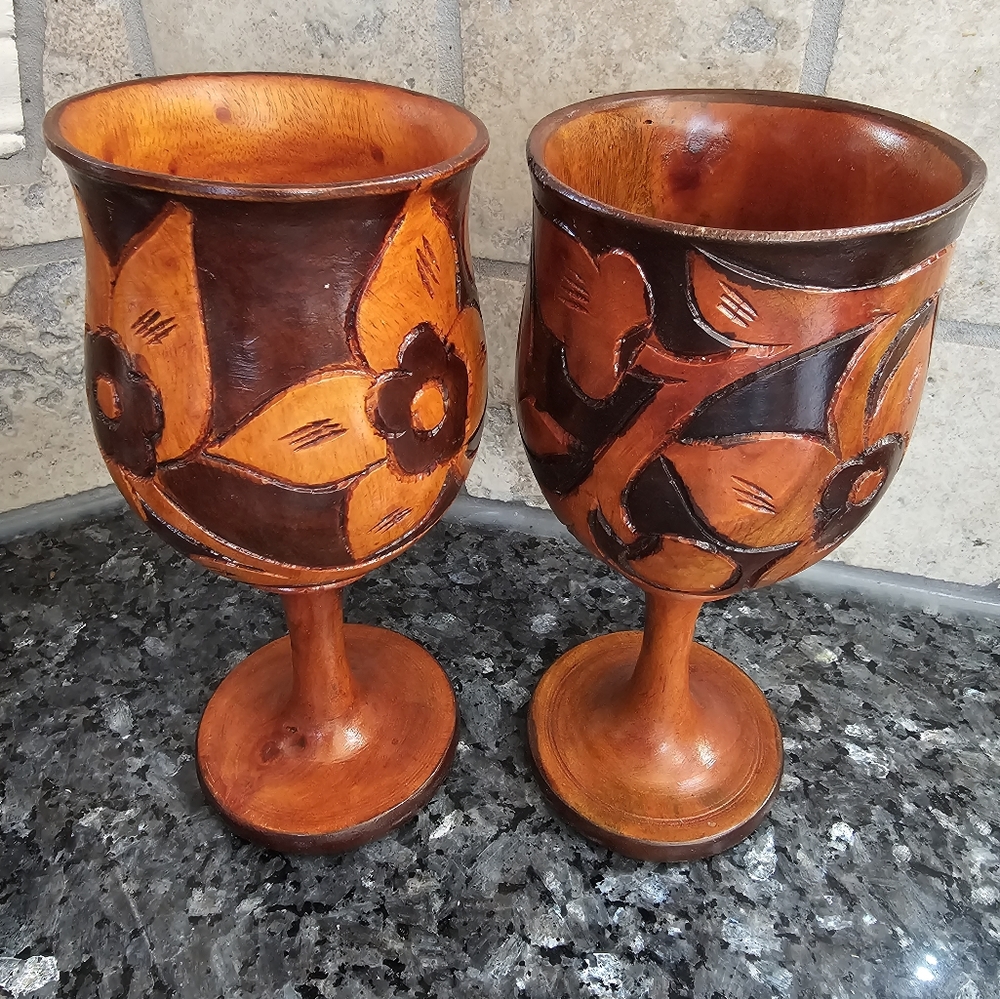 Rare  Handmade Wood wine goblets Floral Leaf Design 2 Tone